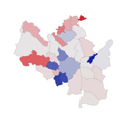 Městské části podle přírůstku (červeně) a úbytku (modře) obyvatel v roce 2021 oproti roku 1991. Graf: MMB